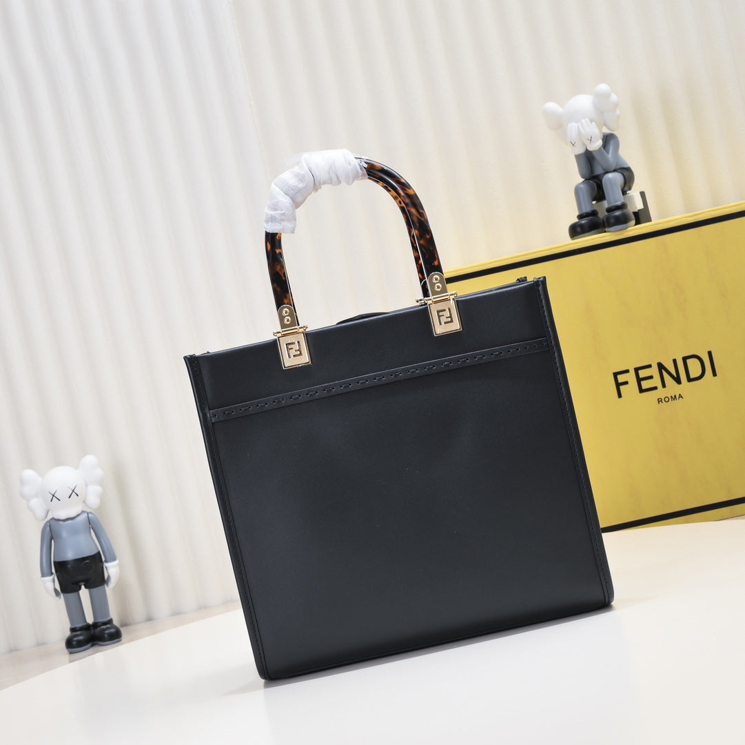 Fendi Sunshine Shopper Small Black Leather Tote Bag