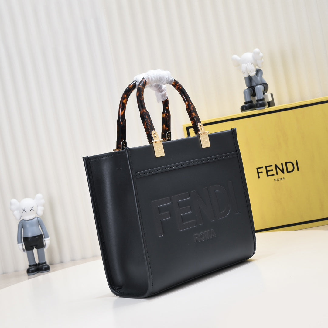 Fendi Sunshine Shopper Small Black Leather Tote Bag