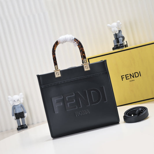 Fendi Sunshine Shopper Small Black Leather Tote Bag