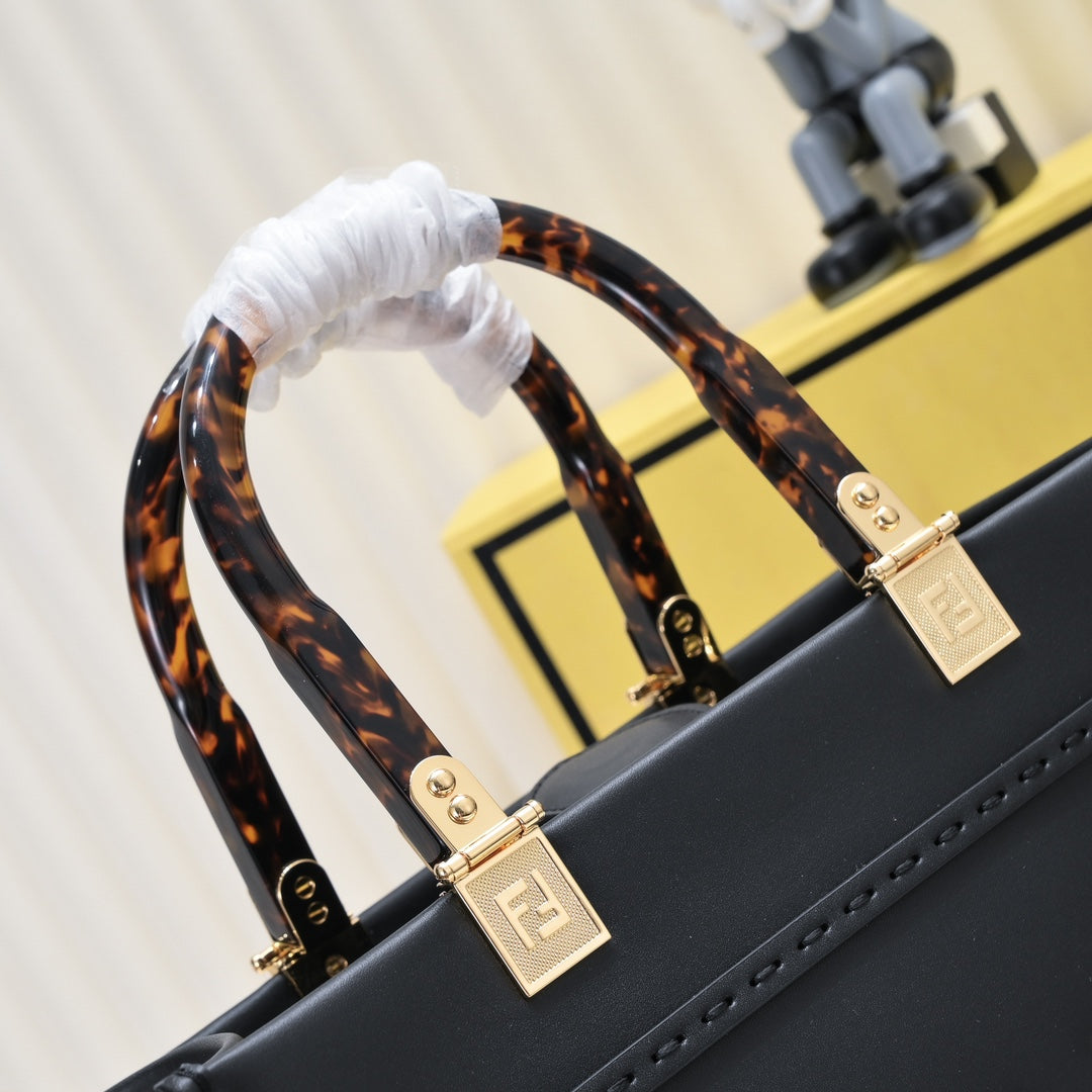 Fendi Sunshine Shopper Small Black Leather Tote Bag