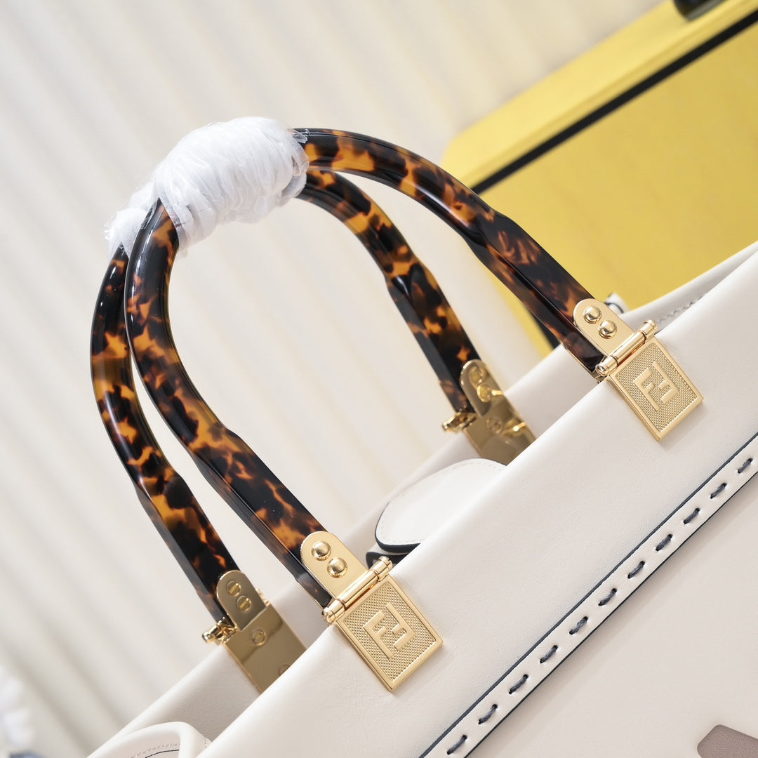 Fendi Sunshine Medium Shopper Bag - White Canvas Tote with Tortoiseshell Handles