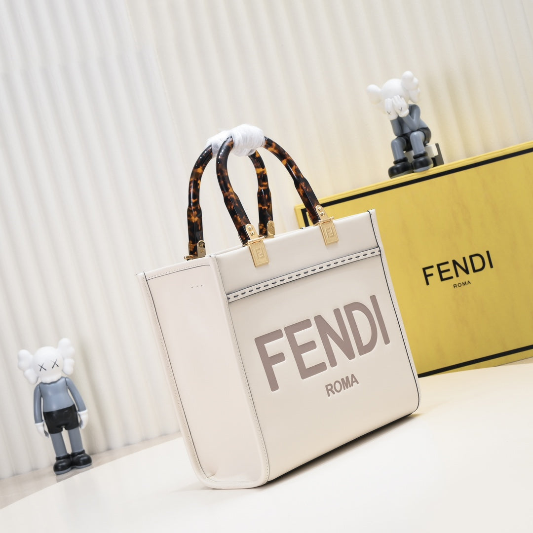Fendi Sunshine Medium Shopper Bag - White Canvas Tote with Tortoiseshell Handles