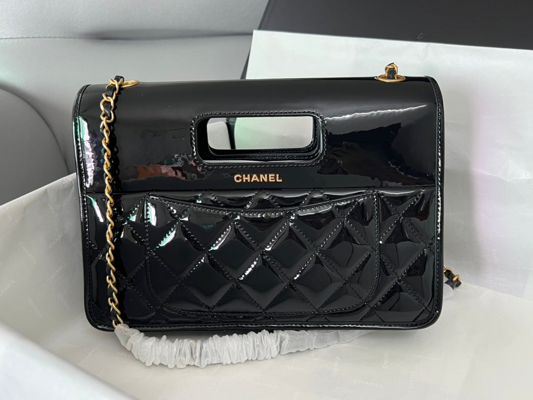 Chanel Quilted Patent Leather 31 Bag Black Gold Hardware