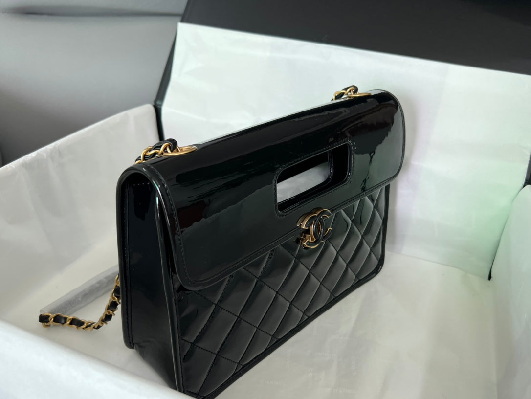 Chanel Quilted Patent Leather 31 Bag Black Gold Hardware