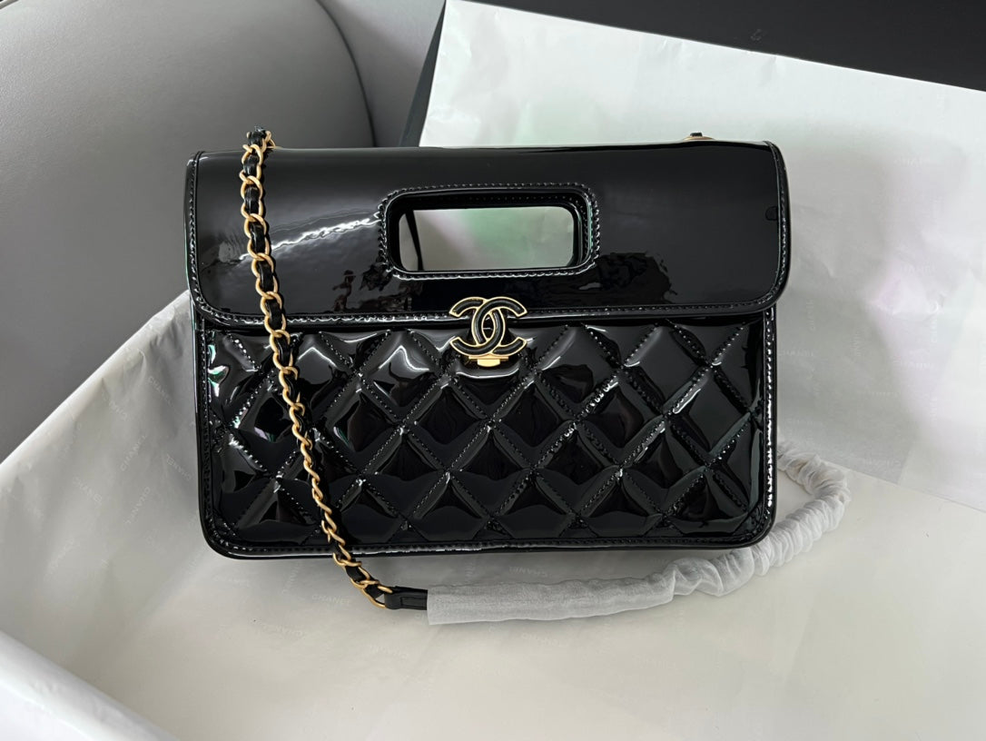 Chanel Quilted Patent Leather 31 Bag Black Gold Hardware