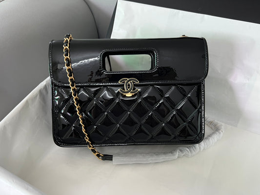Chanel Quilted Patent Leather 31 Bag Black Gold Hardware