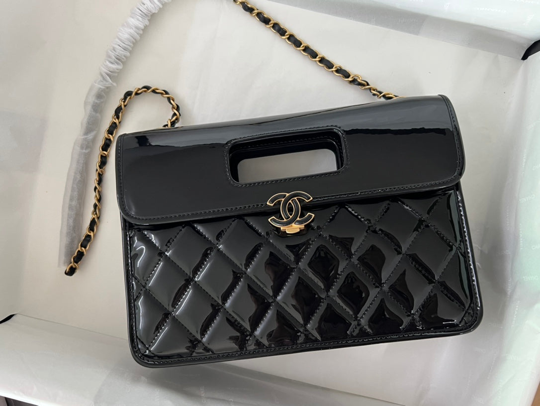 Chanel Quilted Patent Leather 31 Bag Black Gold Hardware