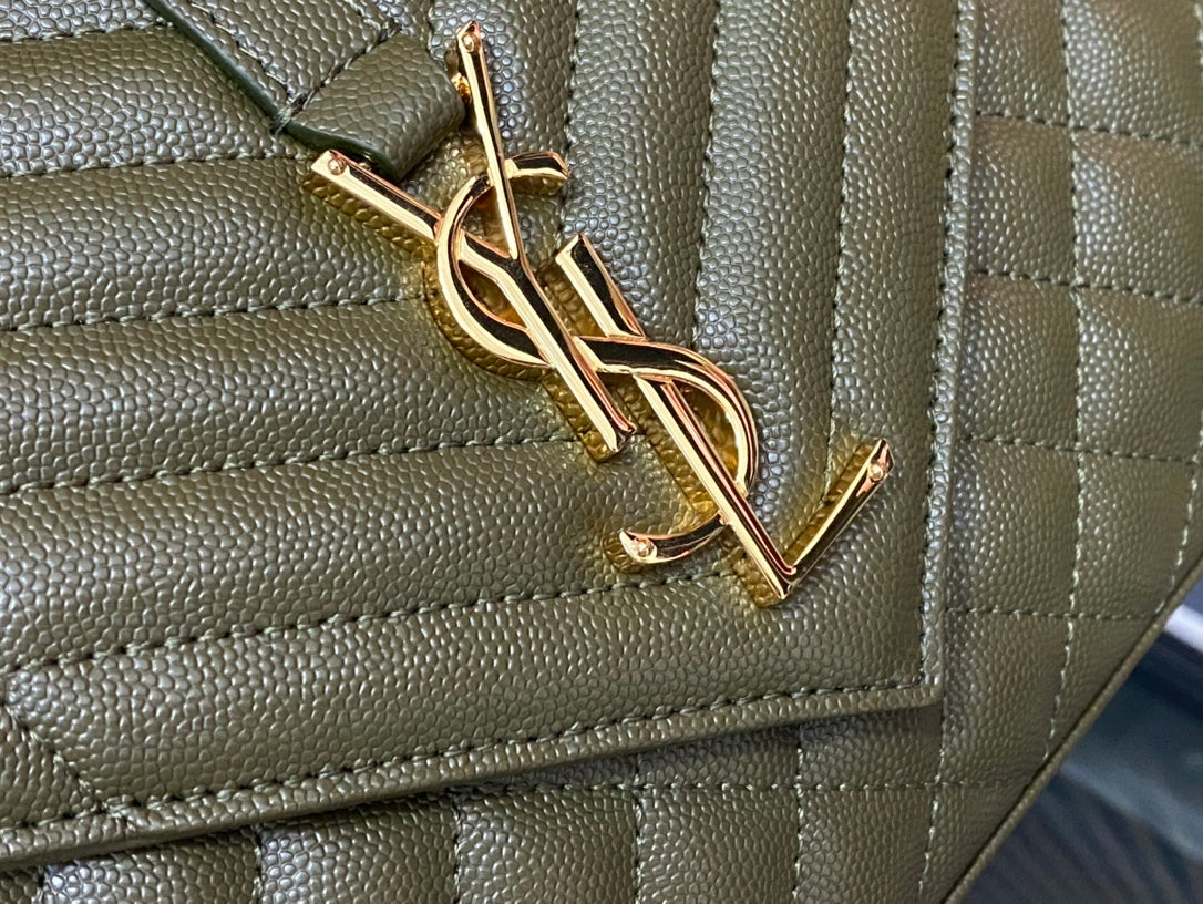 Saint Laurent Medium College Shoulder Bag in Olive Green Quilted Leather