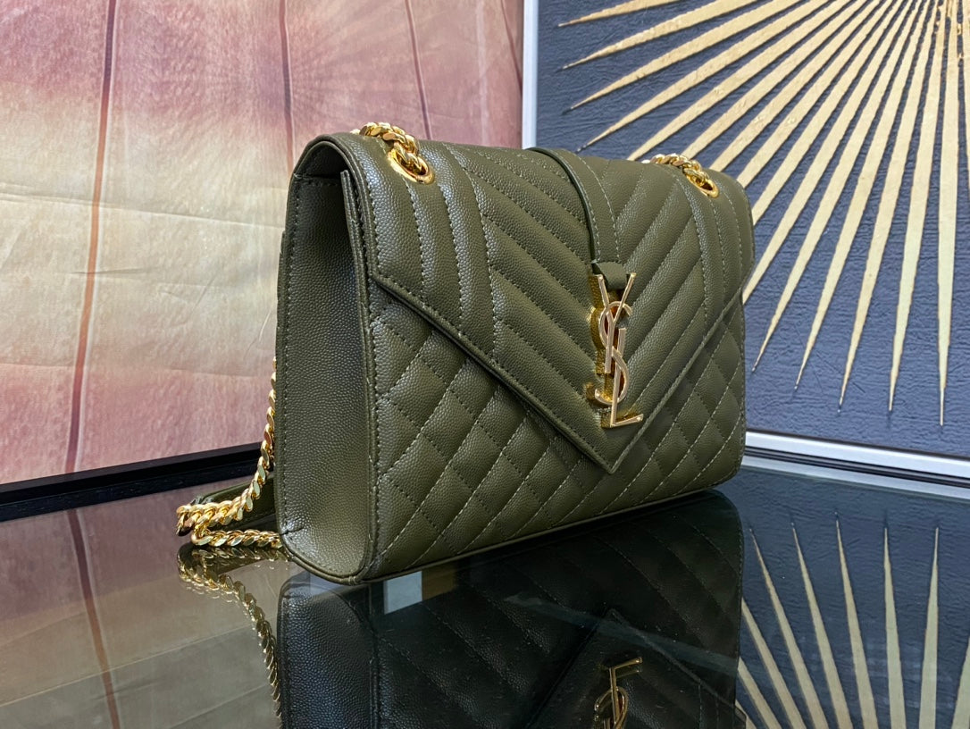 Saint Laurent Medium College Shoulder Bag in Olive Green Quilted Leather