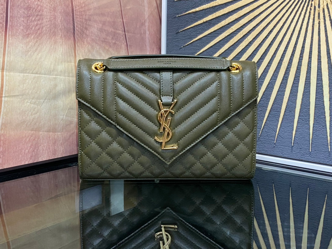 Saint Laurent Medium College Shoulder Bag in Olive Green Quilted Leather