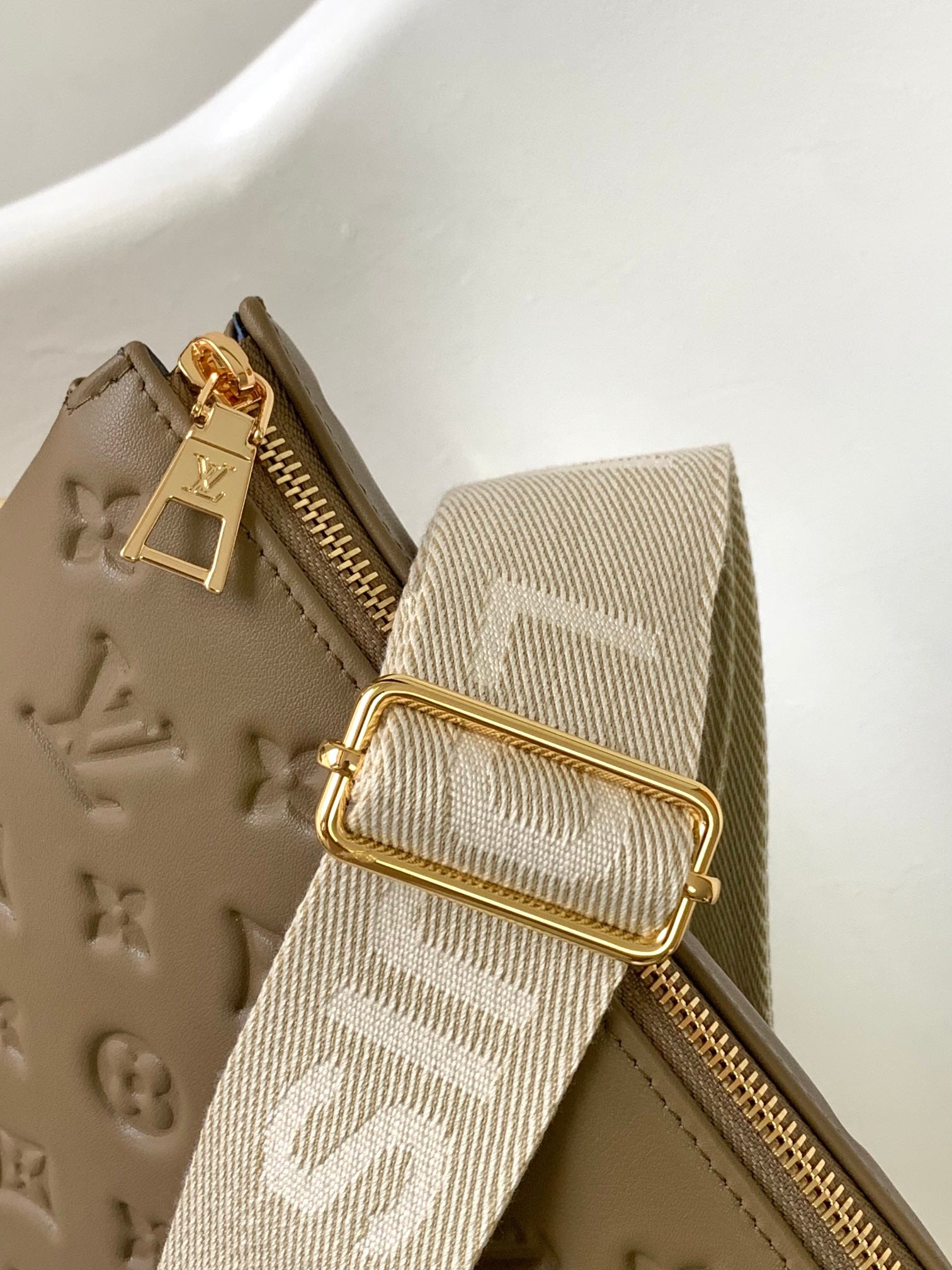 Louis Vuitton Coussin PM Bag in Taupe Monogram Embossed Puffy Lambskin