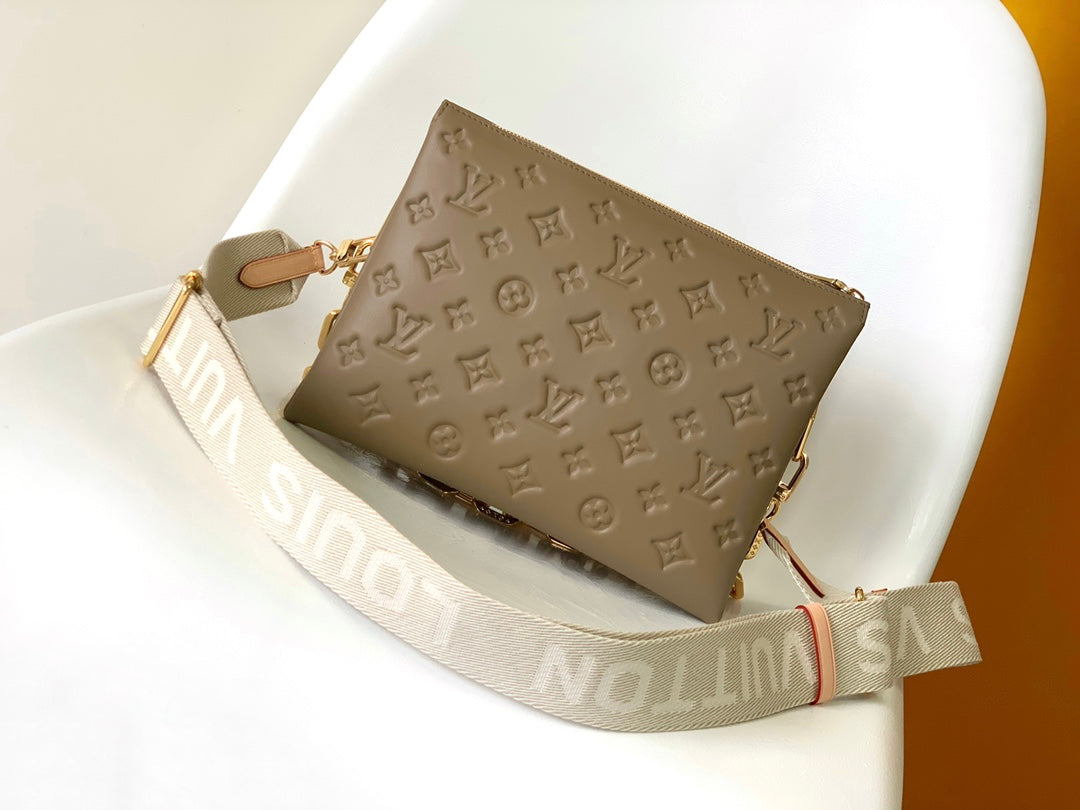 Louis Vuitton Coussin PM Bag in Taupe Monogram Embossed Puffy Lambskin