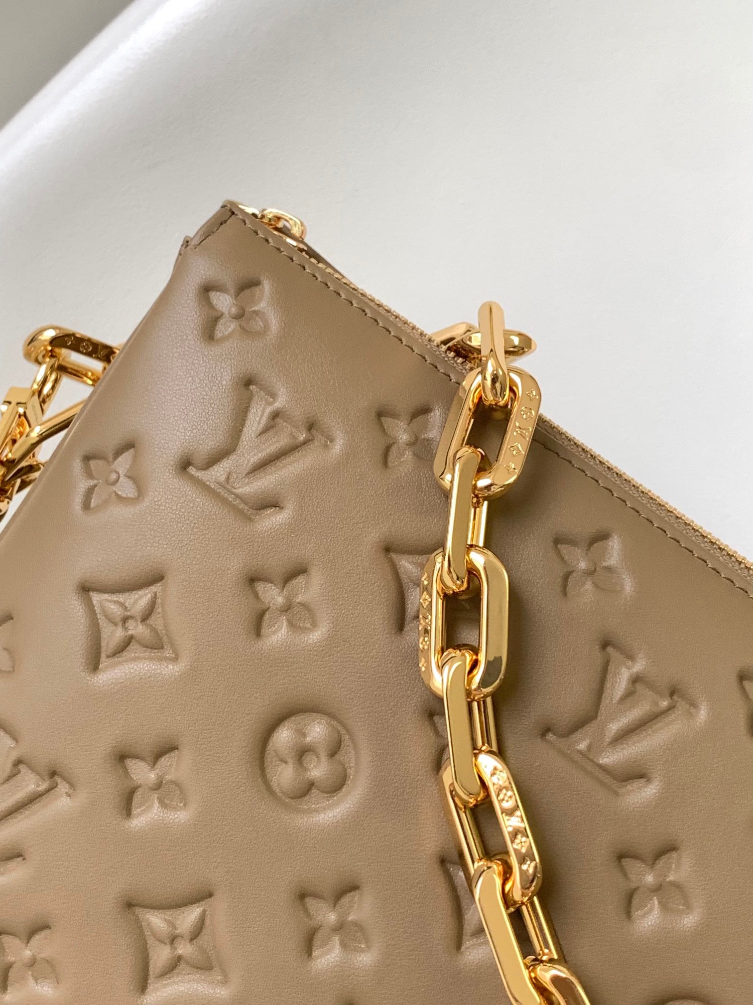 Louis Vuitton Coussin PM Bag in Taupe Monogram Embossed Puffy Lambskin