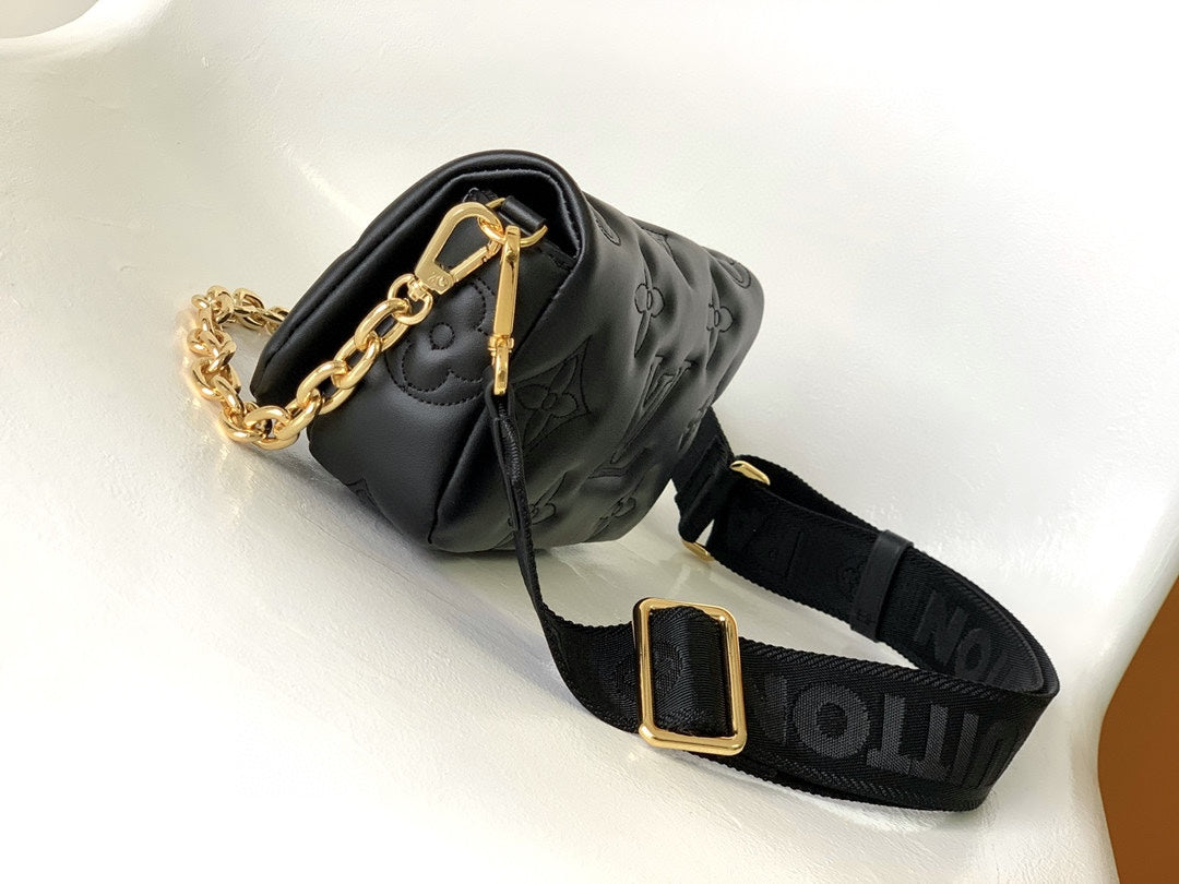 Women's Black Quilted Crossbody Shoulder Bag with Wide Webbing Strap & Gold Chain Detail