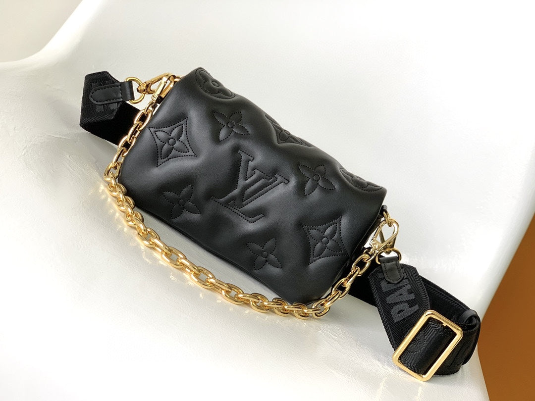 Women's Black Quilted Crossbody Shoulder Bag with Wide Webbing Strap & Gold Chain Detail