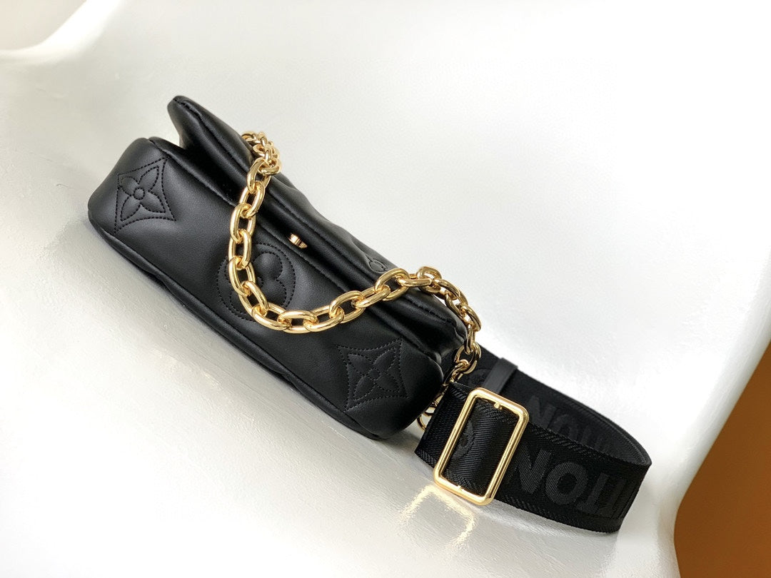 Women's Black Quilted Crossbody Shoulder Bag with Wide Webbing Strap &amp; Gold Chain Detail