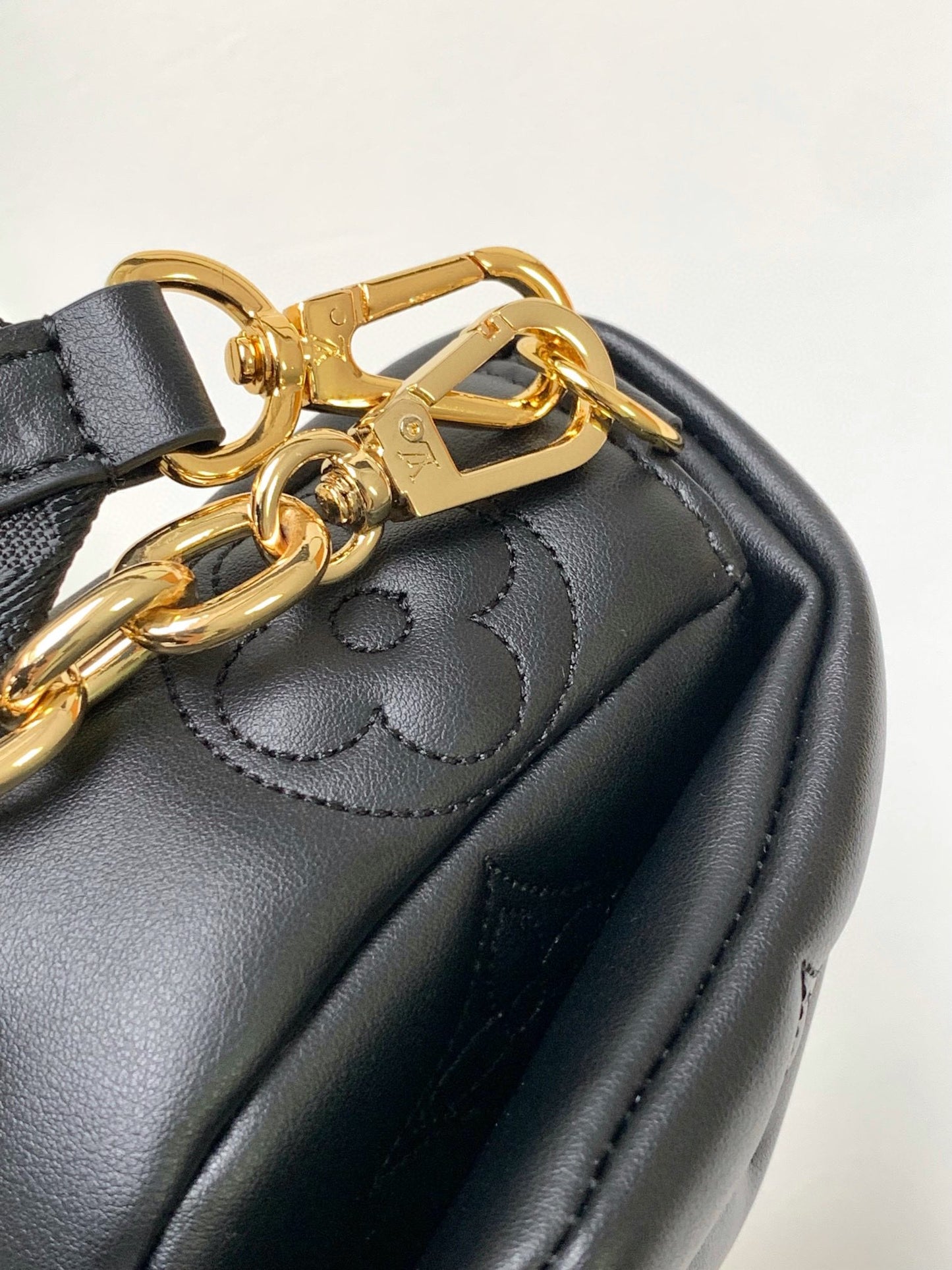 Women's Black Quilted Crossbody Shoulder Bag with Wide Webbing Strap &amp; Gold Chain Detail