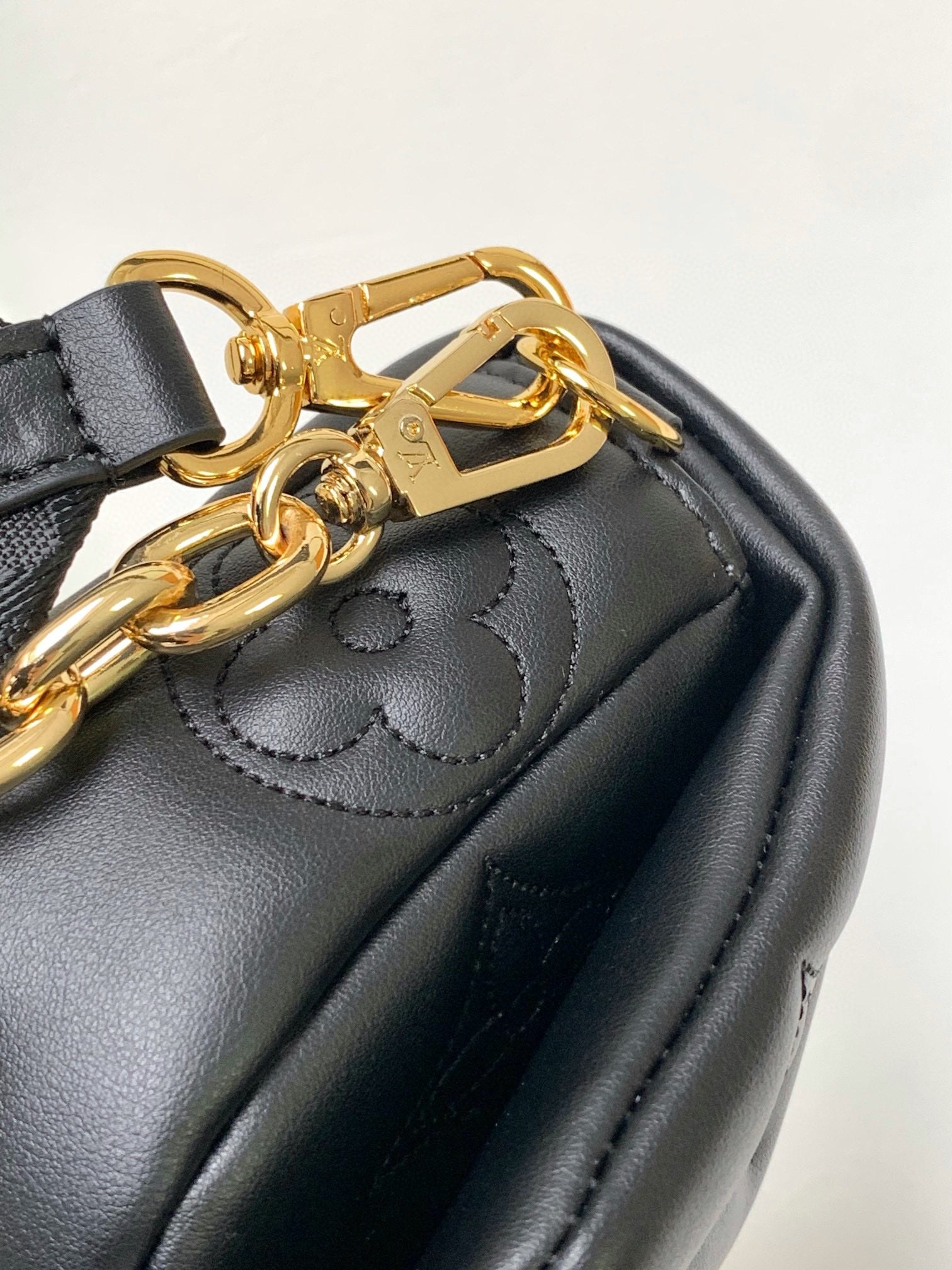 Women's Black Quilted Crossbody Shoulder Bag with Wide Webbing Strap &amp; Gold Chain Detail