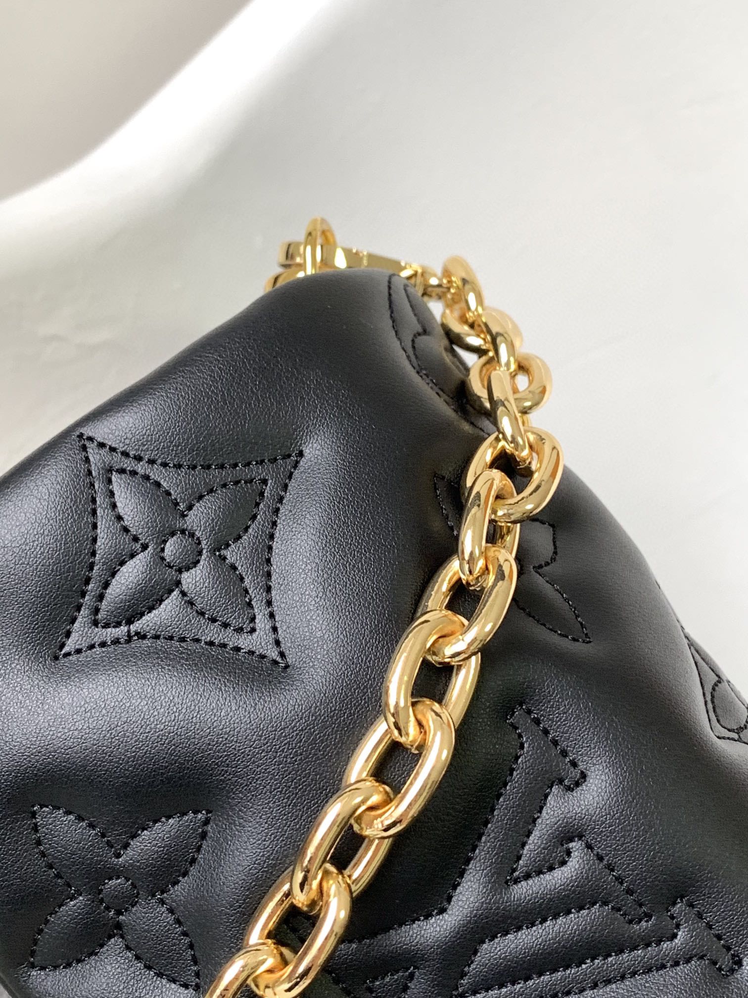 Women's Black Quilted Crossbody Shoulder Bag with Wide Webbing Strap & Gold Chain Detail