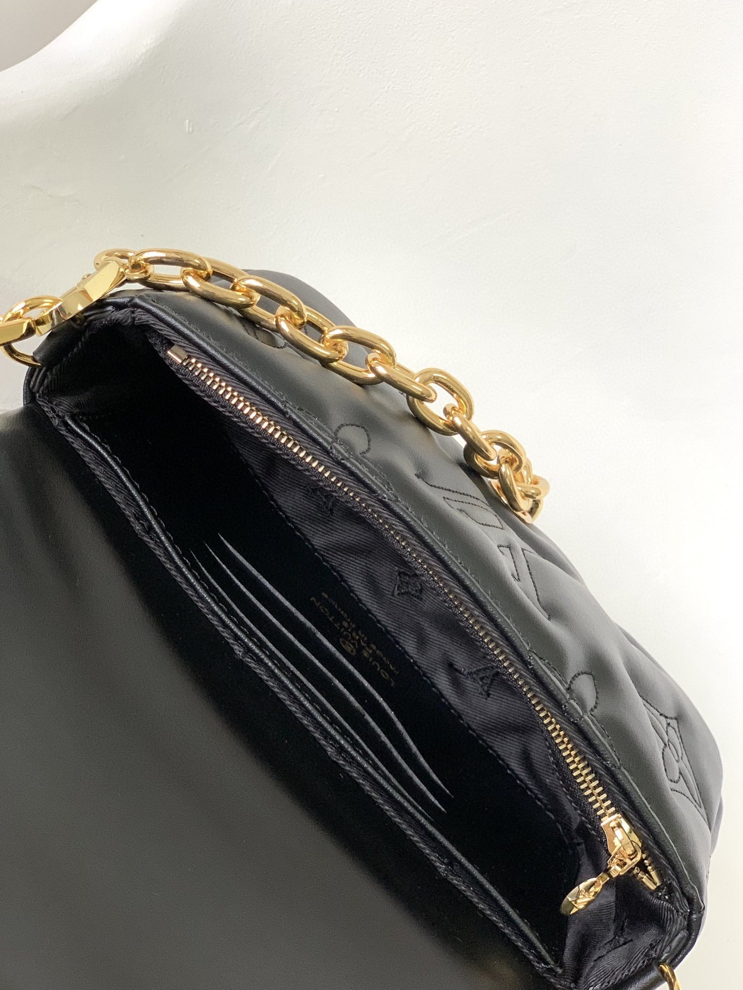 Women's Black Quilted Crossbody Shoulder Bag with Wide Webbing Strap & Gold Chain Detail