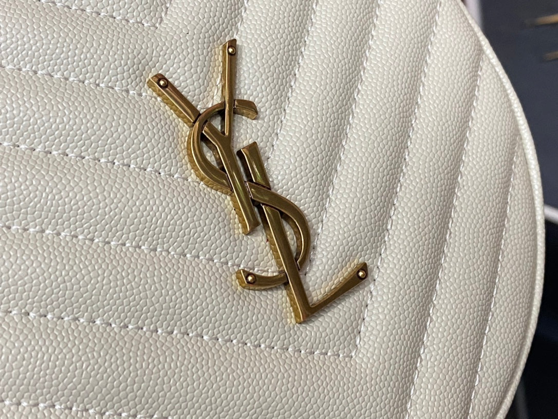 Saint Laurent Vinyle Round Camera Bag in Chevron-Quilted Leather - White