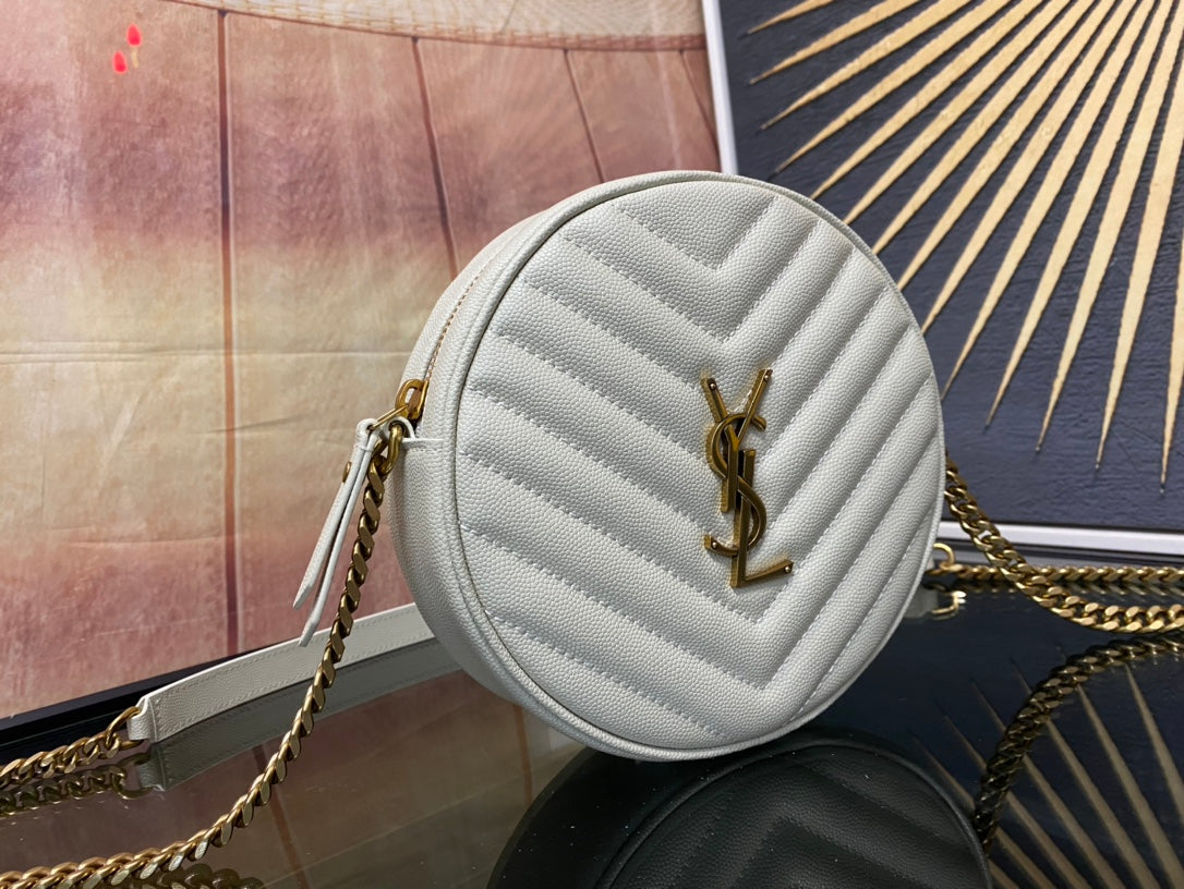 Saint Laurent Vinyle Round Camera Bag in Chevron-Quilted Leather - White