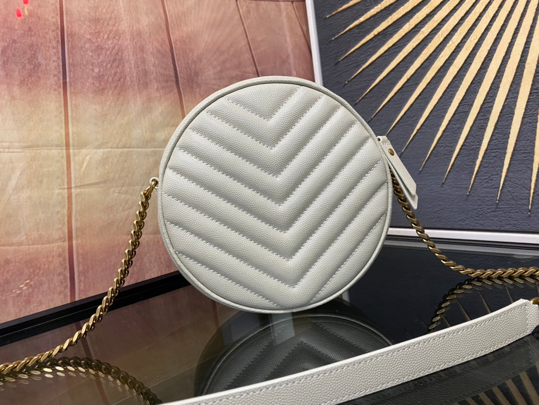Saint Laurent Vinyle Round Camera Bag in Chevron-Quilted Leather - White