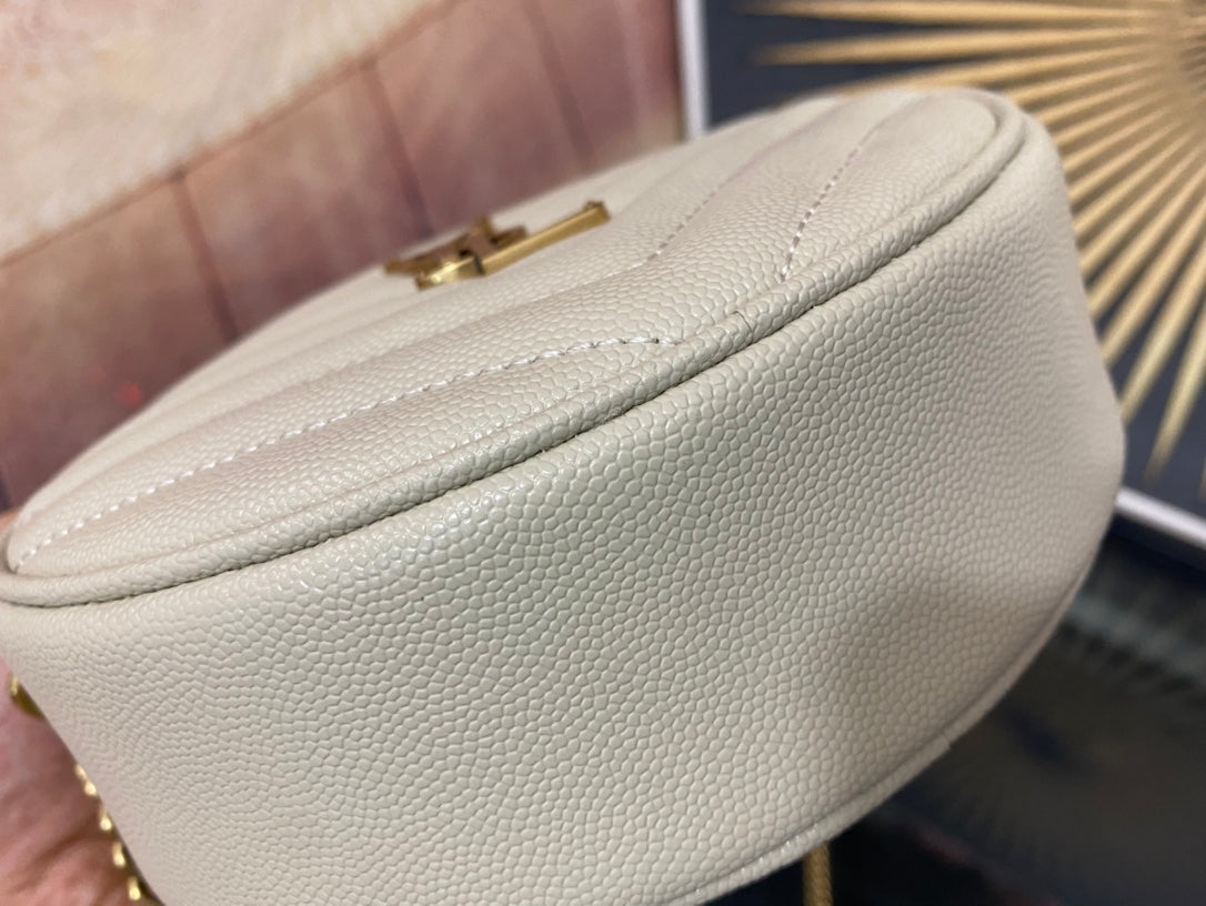 Saint Laurent Vinyle Round Camera Bag in Chevron-Quilted Leather - White