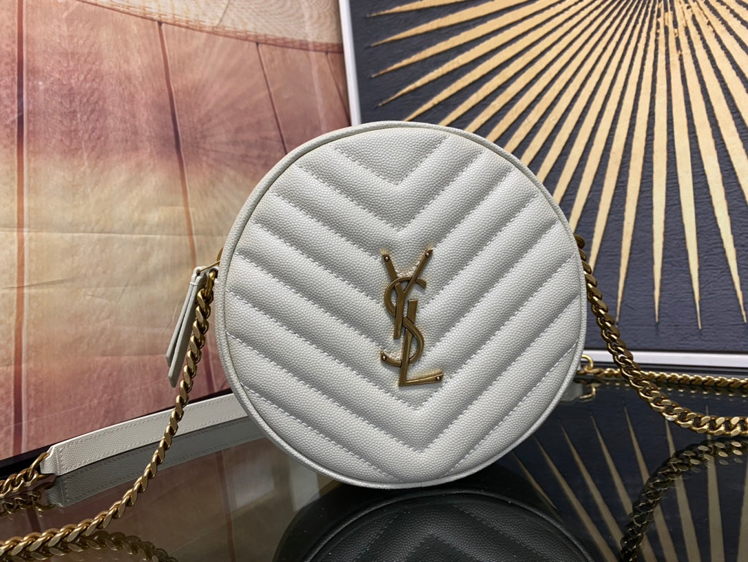 Saint Laurent Vinyle Round Camera Bag in Chevron-Quilted Leather - White