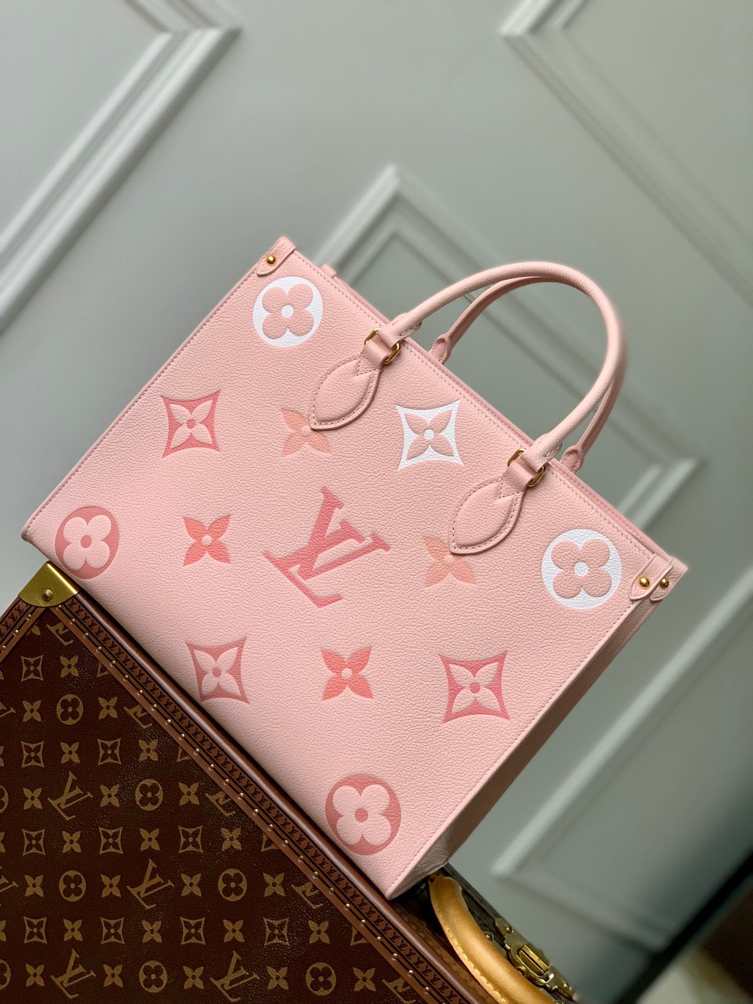 Louis Vuitton Onthego MM Monogram Empreinte Giant Leather Tote - Rose Trianon/Creme Pink