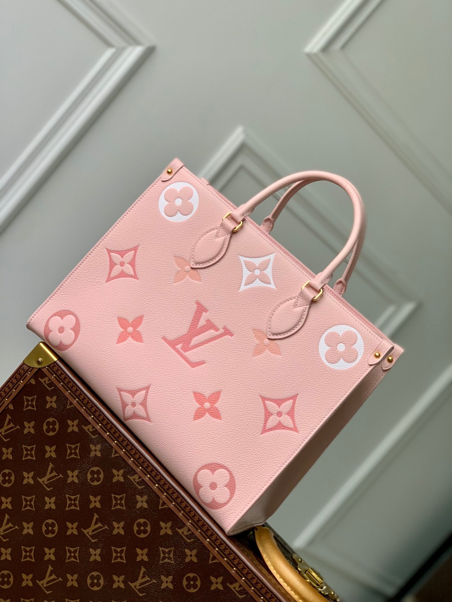 Louis Vuitton Onthego MM Monogram Empreinte Giant Leather Tote - Rose Trianon/Creme Pink