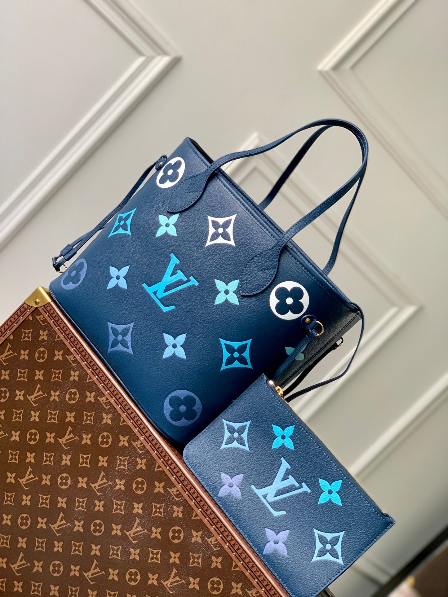 Louis Vuitton Neverfull MM Navy Monogram Empreinte Leather Tote Bag