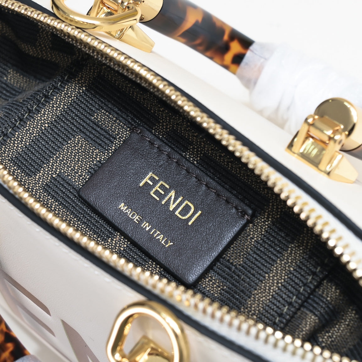 Fendi By The Way Mini Boston Bag White Leather with Tortoise Handles