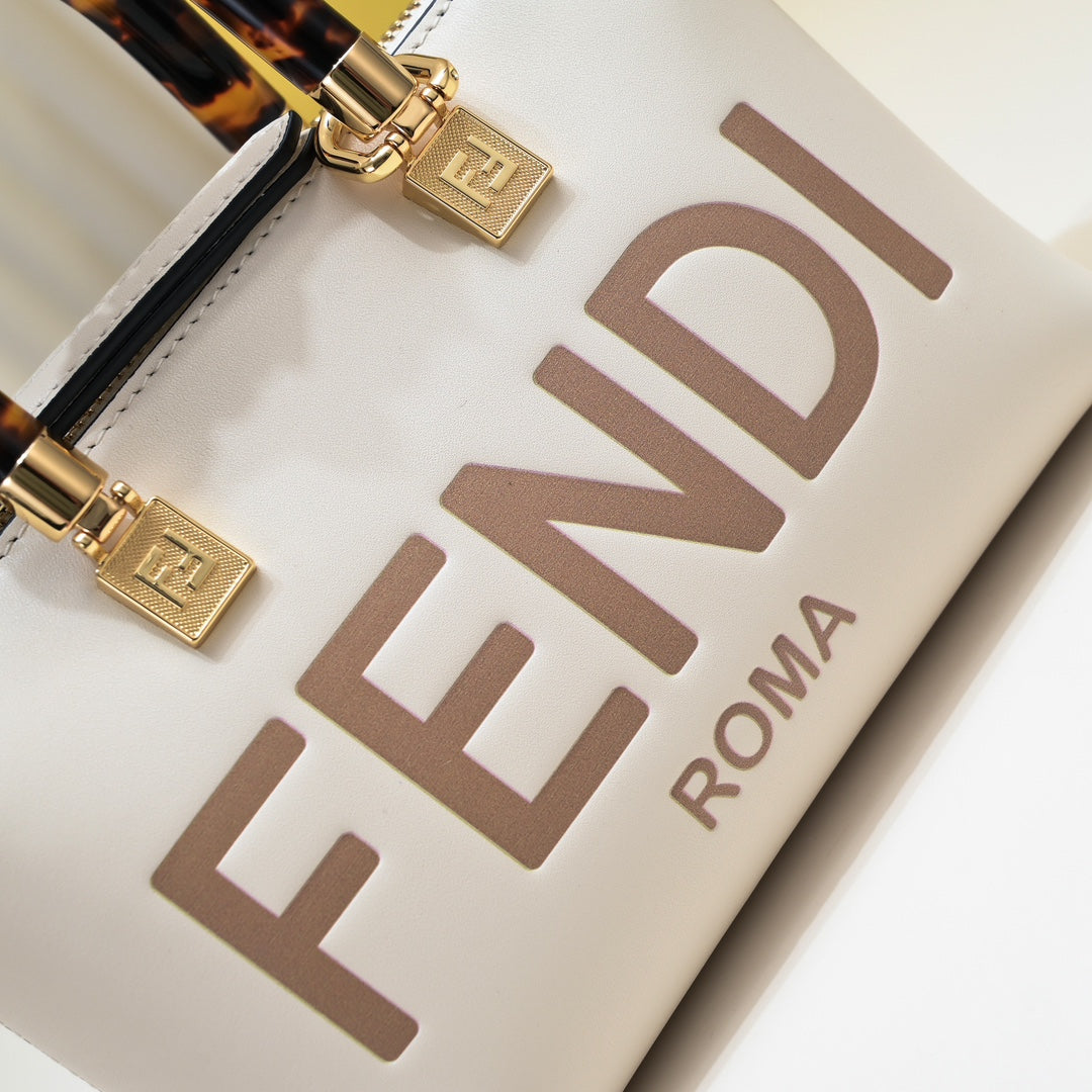 Fendi By The Way Mini Boston Bag White Leather with Tortoise Handles