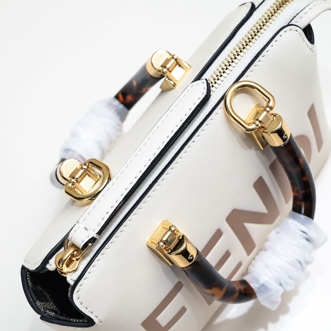 Fendi By The Way Mini Boston Bag White Leather with Tortoise Handles