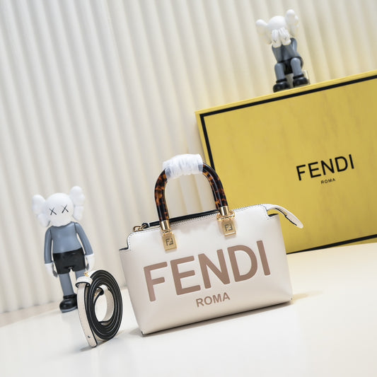 Fendi By The Way Mini Boston Bag White Leather with Tortoise Handles