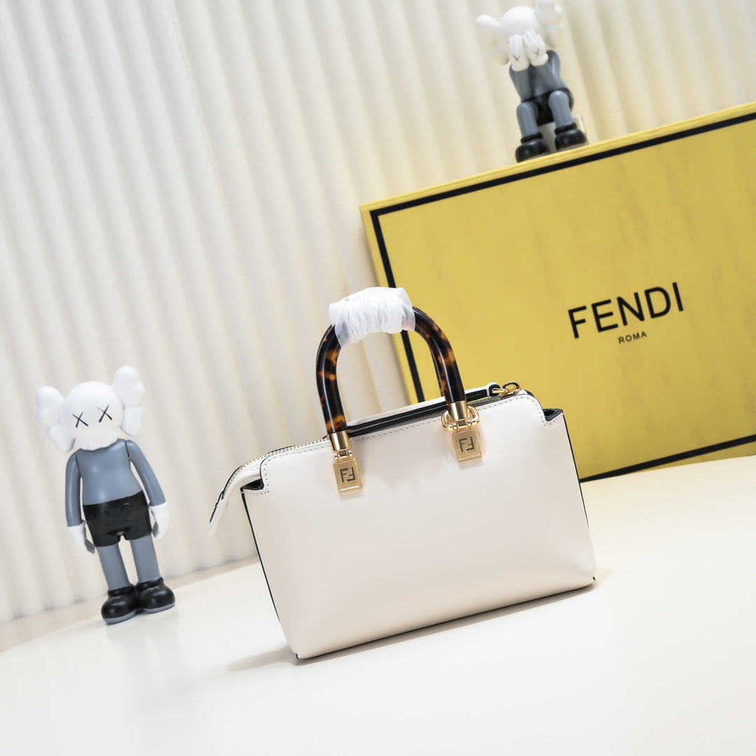 Fendi By The Way Mini Boston Bag White Leather with Tortoise Handles