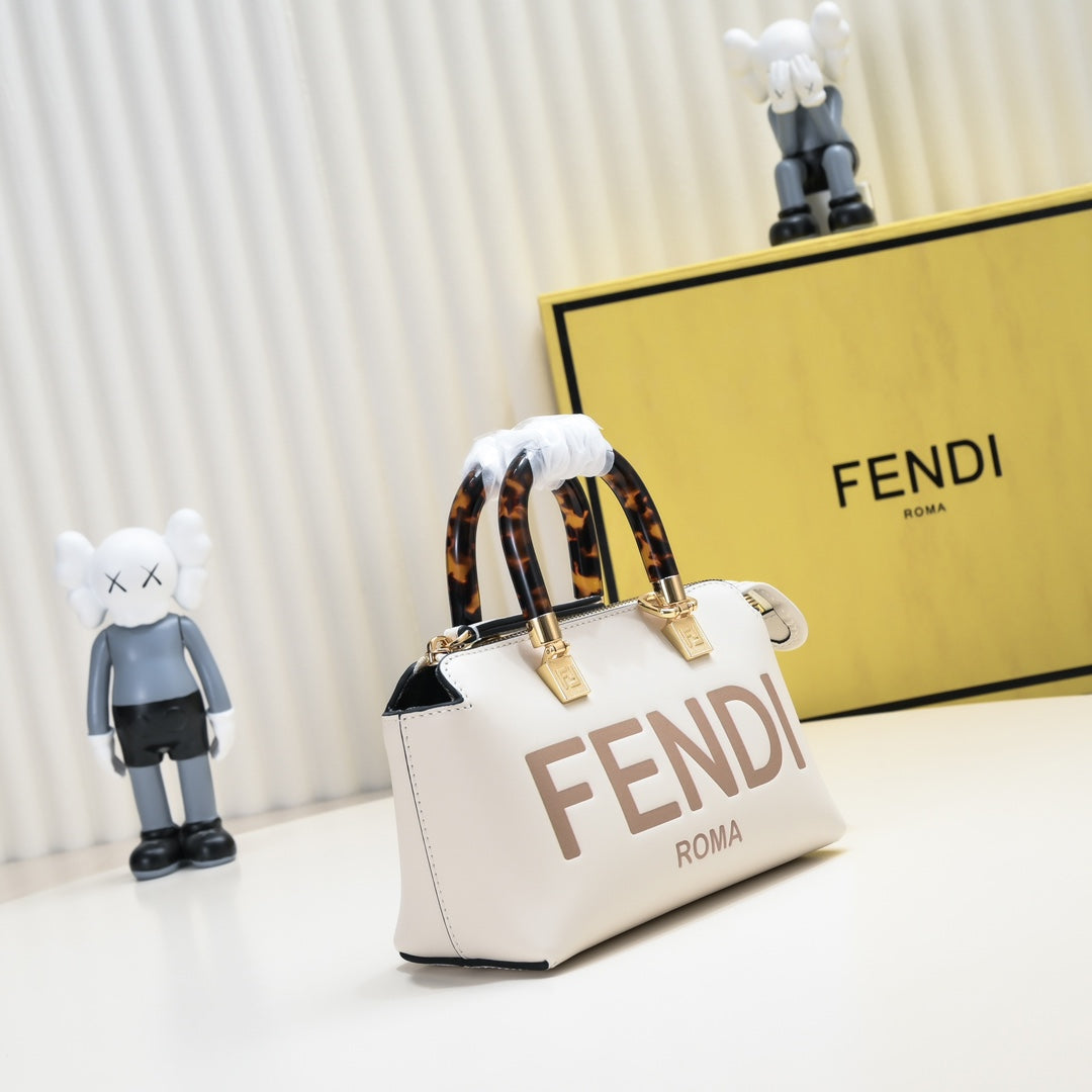 Fendi By The Way Mini Boston Bag White Leather with Tortoise Handles