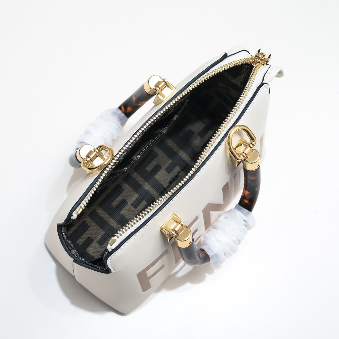 Fendi By The Way Mini Boston Bag White Leather with Tortoise Handles