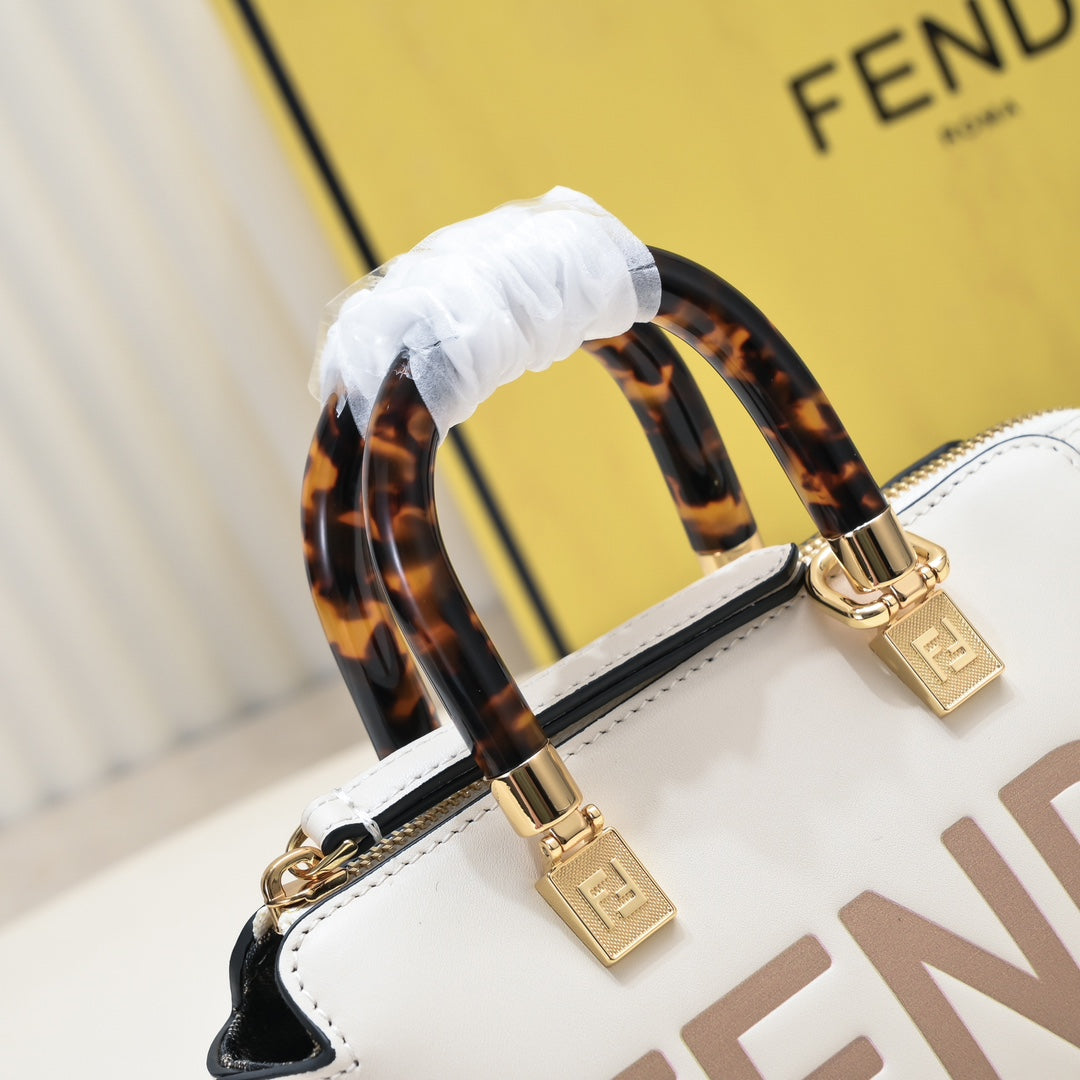 Fendi By The Way Mini Boston Bag White Leather with Tortoise Handles
