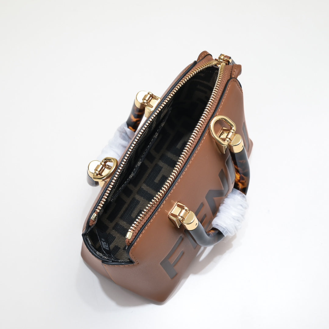 Fendi By The Way Medium Boston Bag in Brown Leather with Tortoiseshell Handles