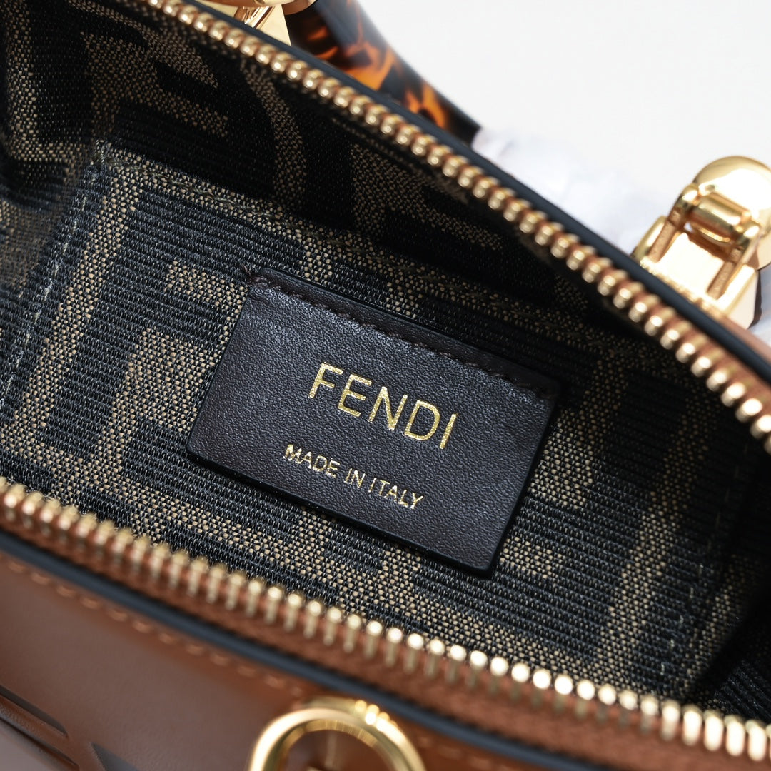 Fendi By The Way Medium Boston Bag in Brown Leather with Tortoiseshell Handles