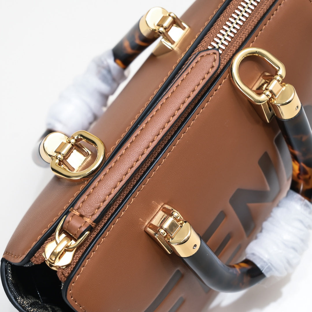 Fendi By The Way Medium Boston Bag in Brown Leather with Tortoiseshell Handles