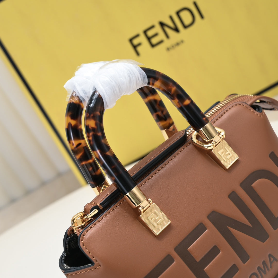 Fendi By The Way Medium Boston Bag in Brown Leather with Tortoiseshell Handles