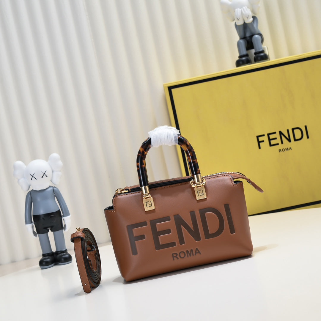 Fendi By The Way Medium Boston Bag in Brown Leather with Tortoiseshell Handles