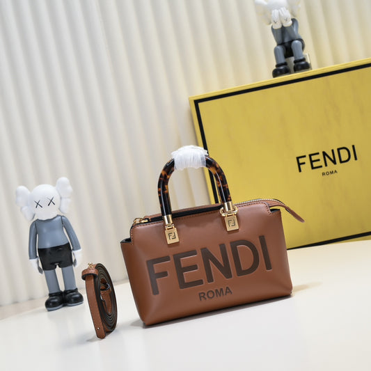 Fendi By The Way Medium Boston Bag in Brown Leather with Tortoiseshell Handles