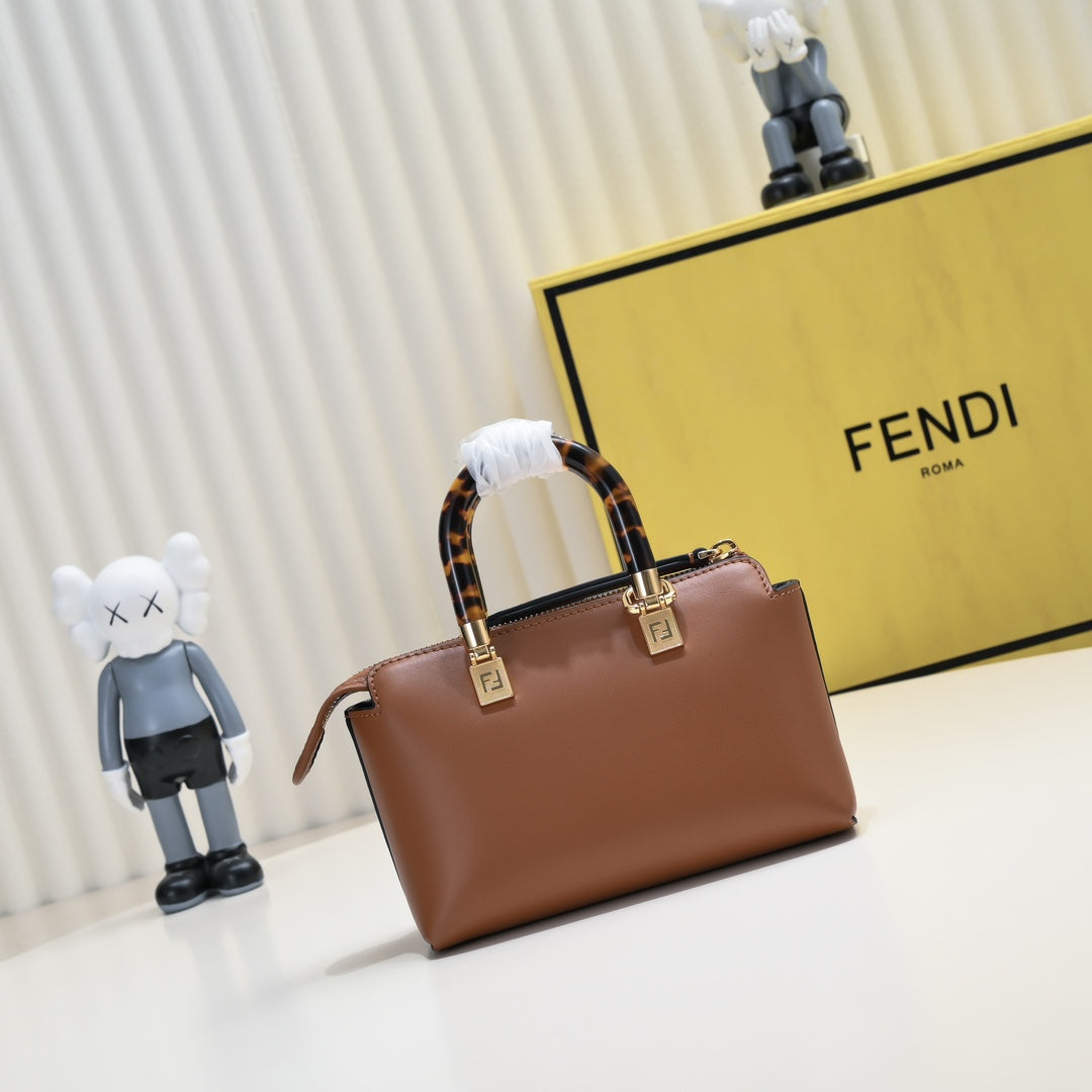 Fendi By The Way Medium Boston Bag in Brown Leather with Tortoiseshell Handles