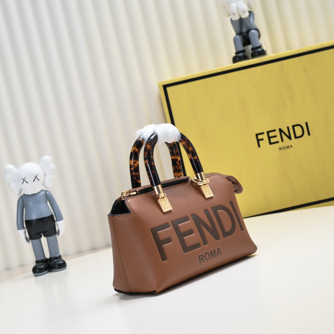 Fendi By The Way Medium Boston Bag in Brown Leather with Tortoiseshell Handles