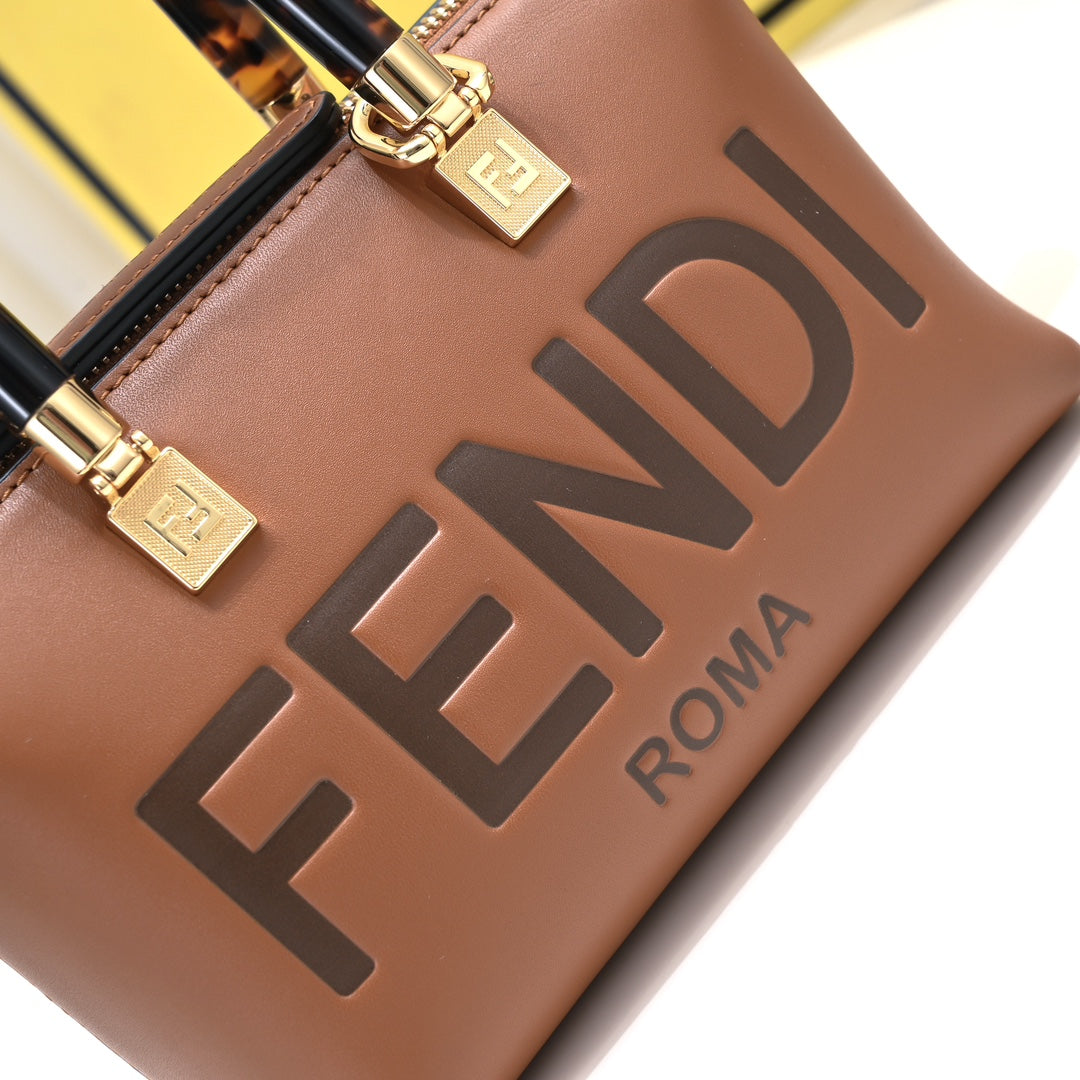 Fendi By The Way Medium Boston Bag in Brown Leather with Tortoiseshell Handles