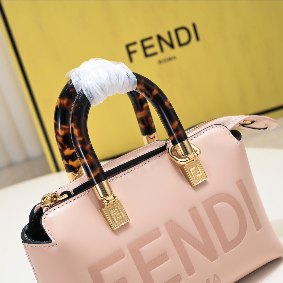 Fendi By The Way Mini Pink Leather Boston Bag with Embossed Logo and Tortoiseshell Handles